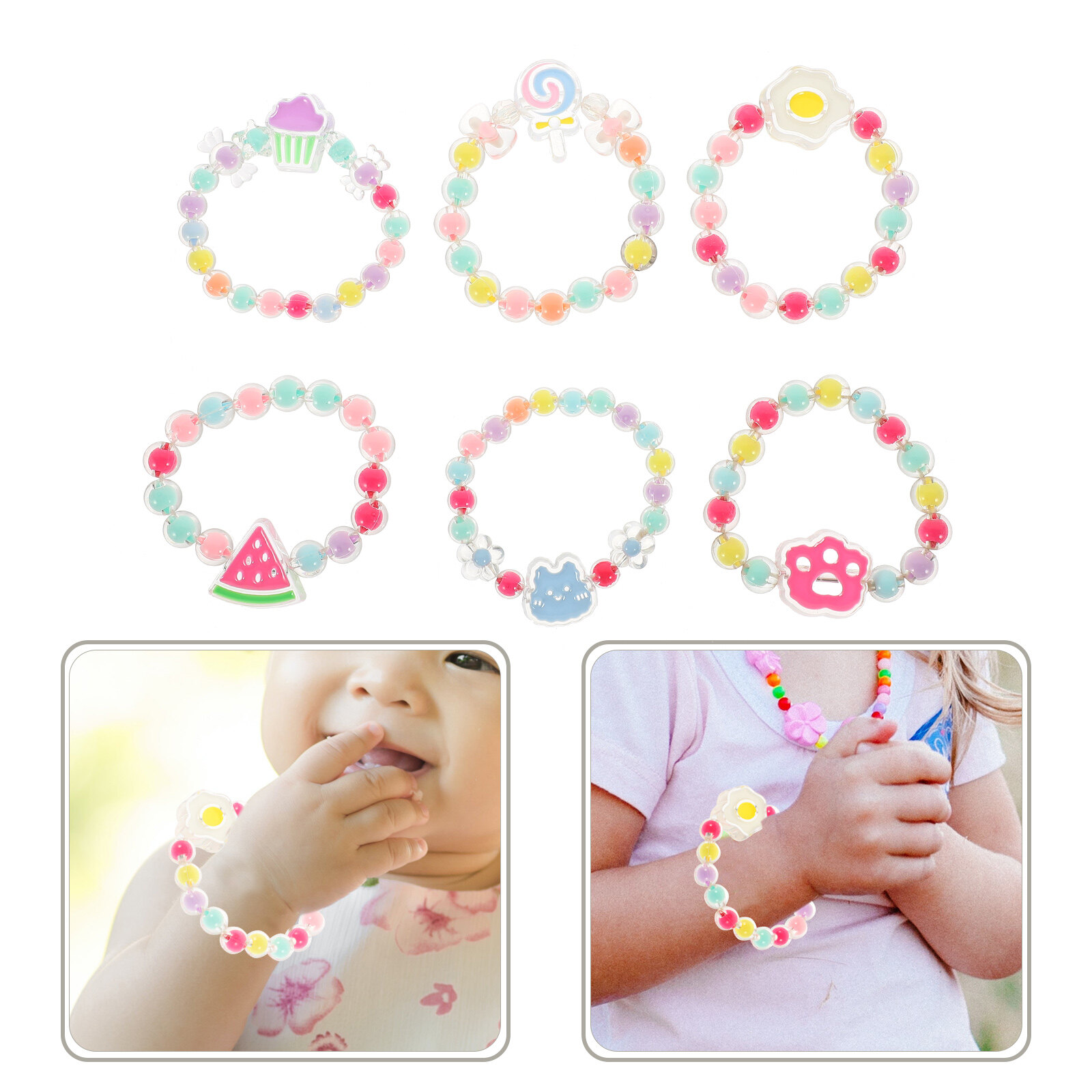 6pcs Plastic Bracelet Kids Bracelets Toddler Beaded Bracelet Kids Jewelry Elastic Bracelets, Kids Unisex, Size: 7.5x7.5cm, Grey Type